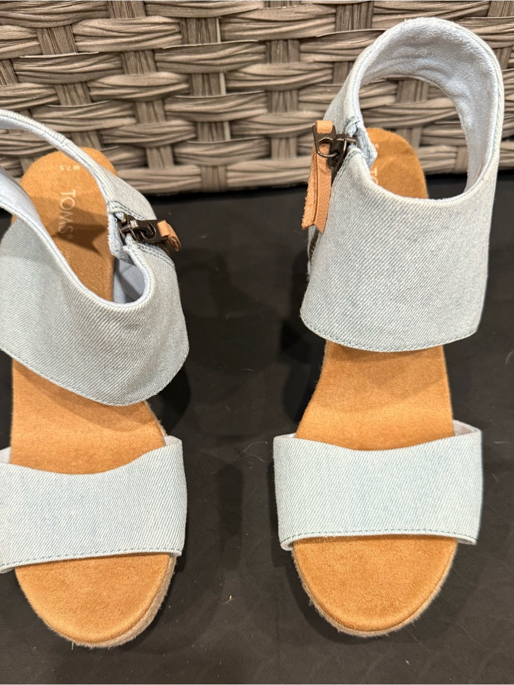 TOMS Light Wash Denim Ankle Strap Wedge Sandals Women's 7.5